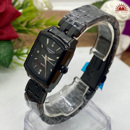 Đồng Hồ Nữ Longines Vuông Vỏ Xi Dây Inox - Full Đen