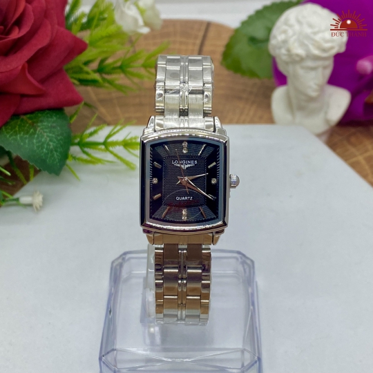 Đồng Hồ Longines Vuông Vỏ Xi Dây Inox - Đen Dây Trắng