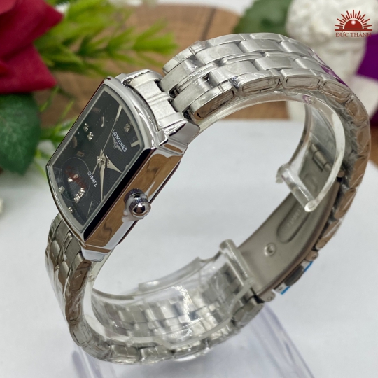 Đồng Hồ Longines Vuông Vỏ Xi Dây Inox - Đen Dây Trắng