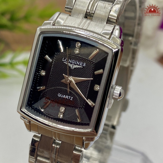 Đồng Hồ Longines Vuông Vỏ Xi Dây Inox - Đen Dây Trắng